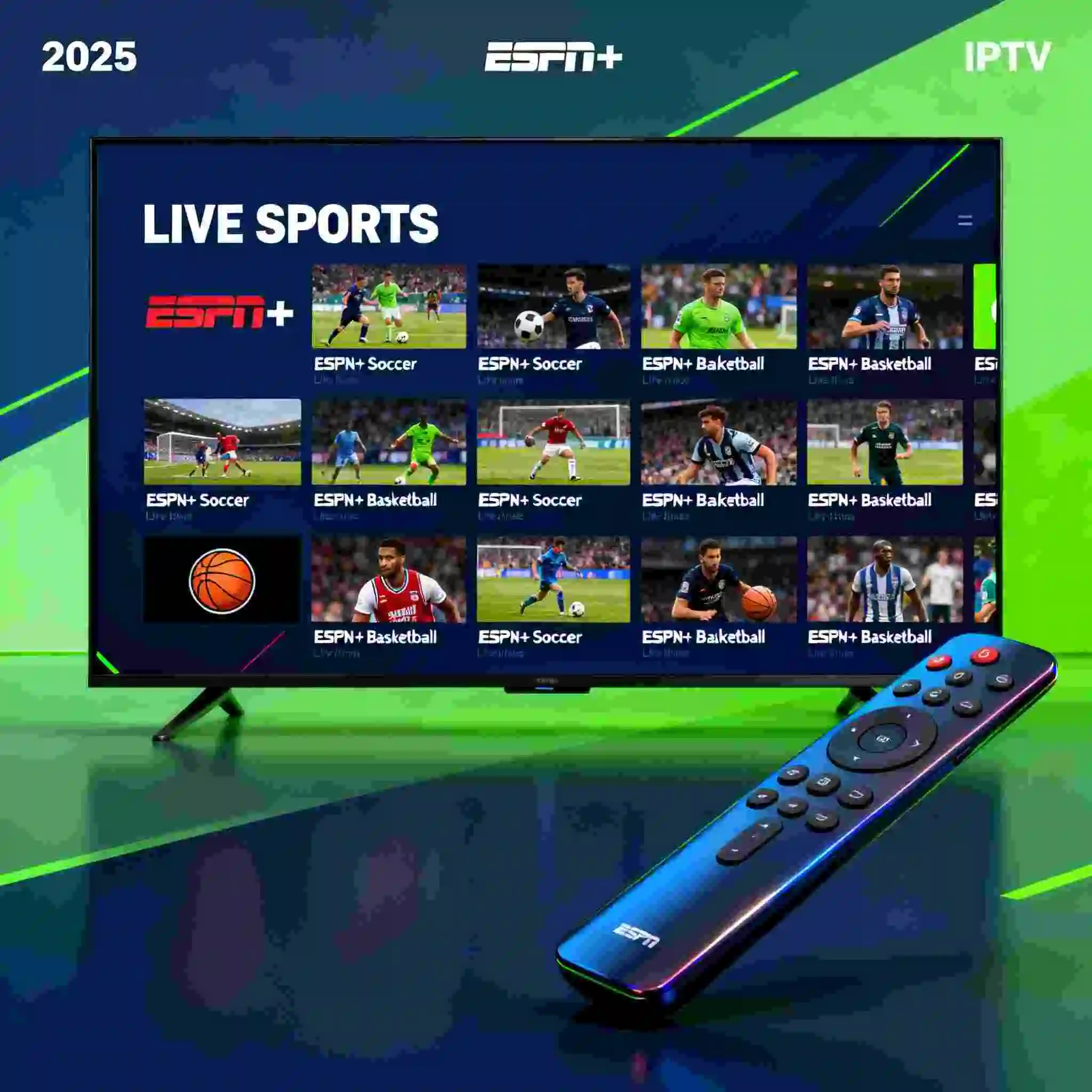 Modern IPTV ESPN+ channels streaming interface displaying ESPN+ channels on TV screen with remote control, showcasing 2025 sports streaming technology