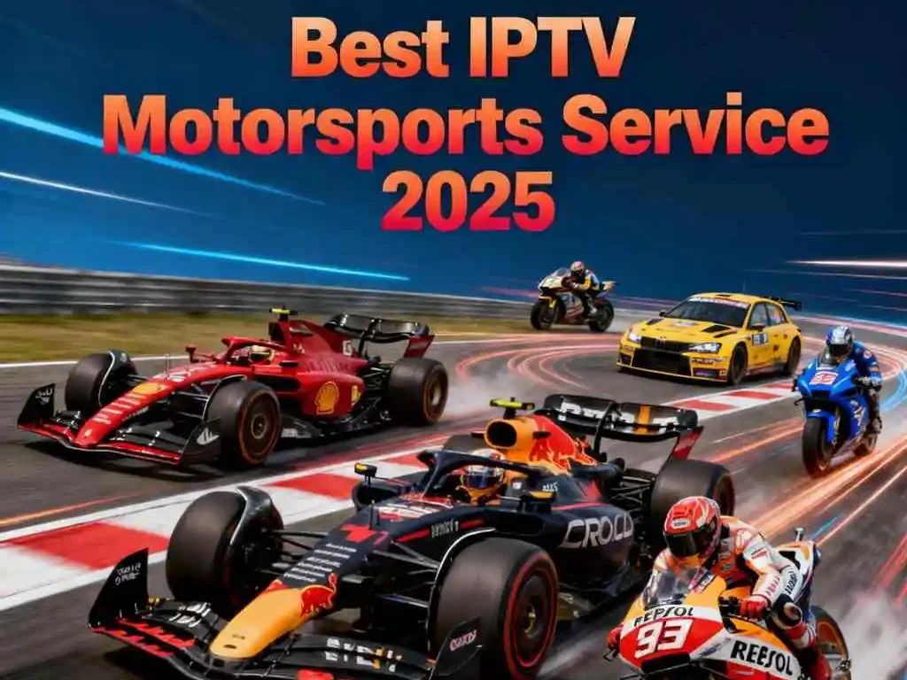 Best IPTV Motorsports Service 2025 featuring Formula 1 cars, MotoGP motorcycles and rally cars racing on track