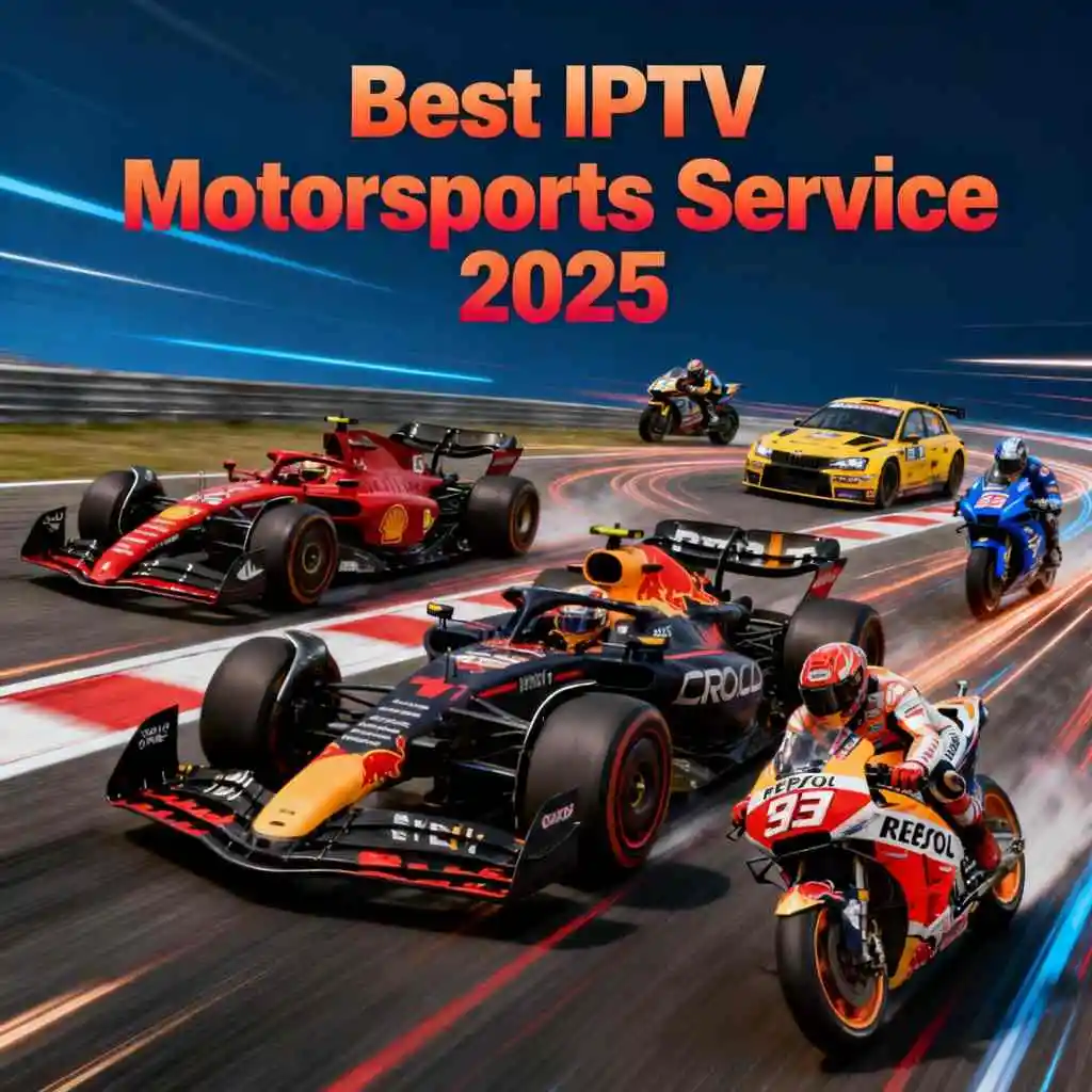 Best IPTV Motorsports Service 2025 featuring Formula 1 cars, MotoGP motorcycles and rally cars racing on track