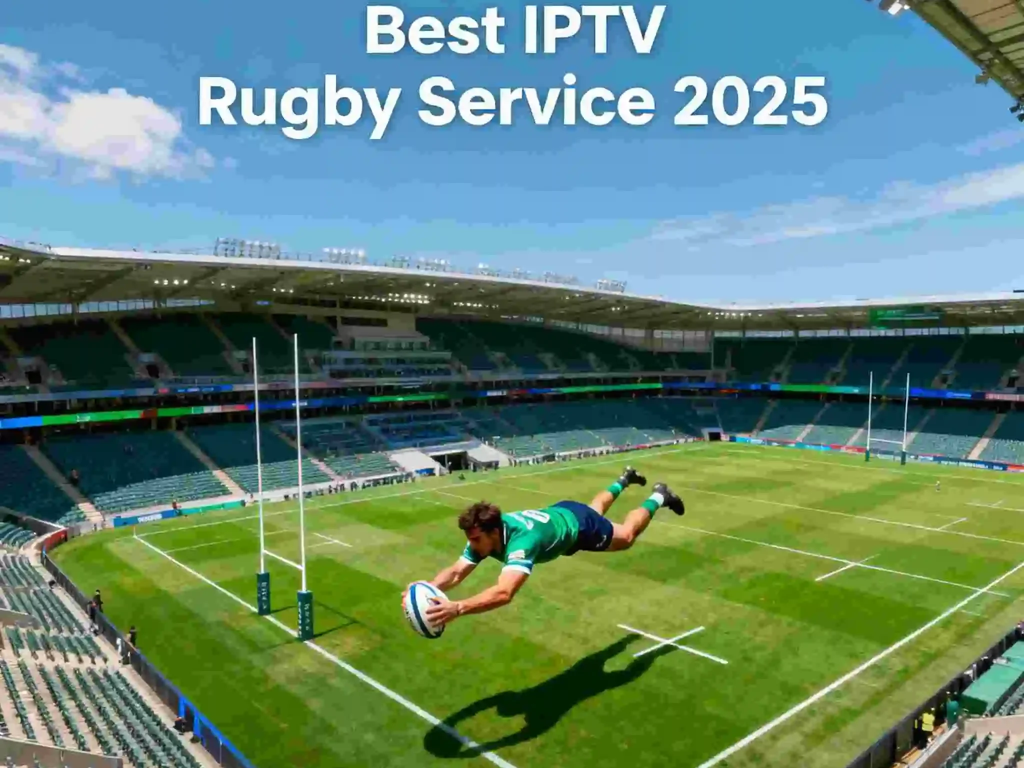 Rugby player in green jersey diving horizontally through the air while scoring a try, holding the rugby ball with outstretched arms over the try line at an empty stadium with green seats. Text overlay reads 'Best IPTV Rugby Service 2025' against a blue sky background