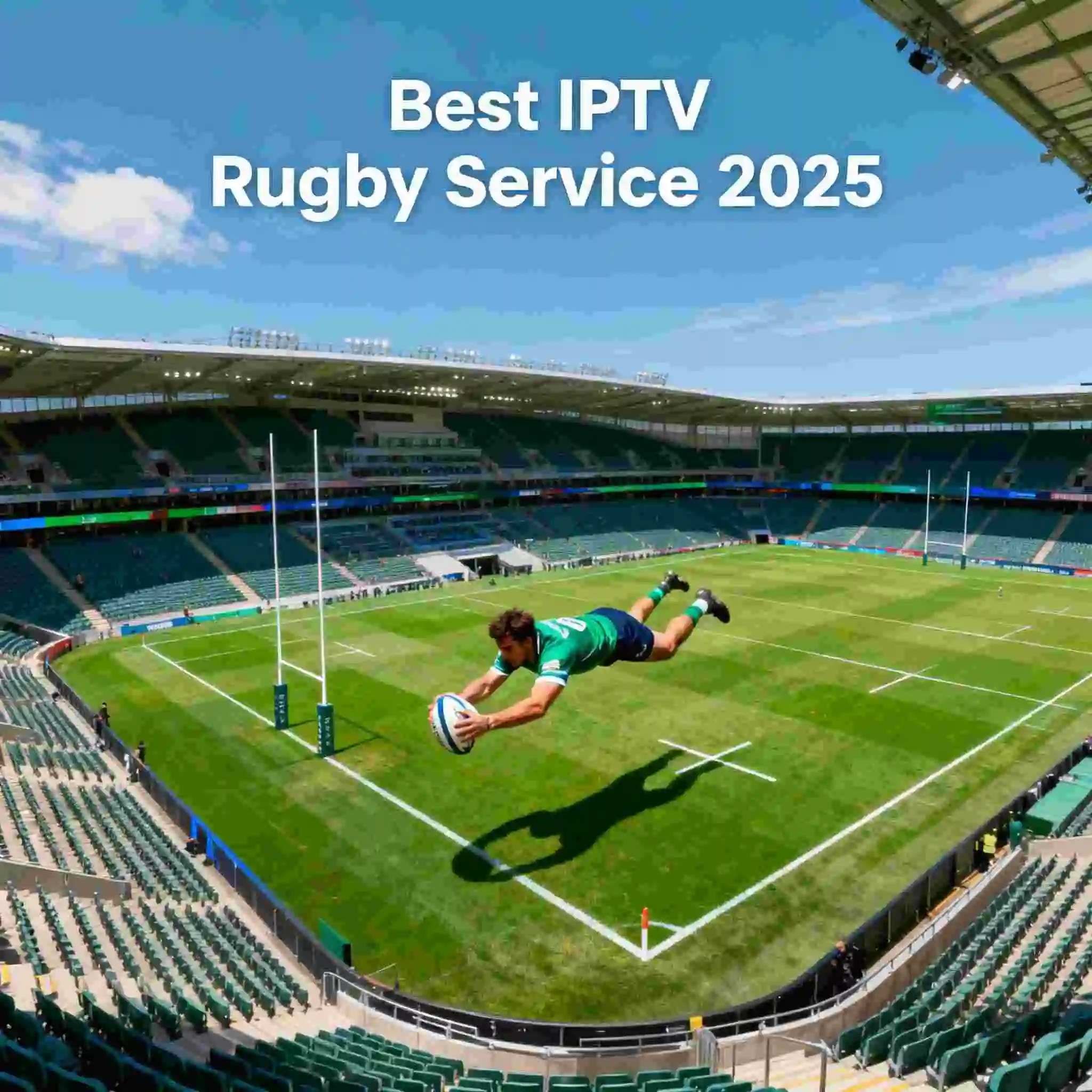 Rugby player in green jersey diving horizontally through the air while scoring a try, holding the rugby ball with outstretched arms over the try line at an empty stadium with green seats. Text overlay reads 'Best IPTV Rugby Service 2025' against a blue sky background