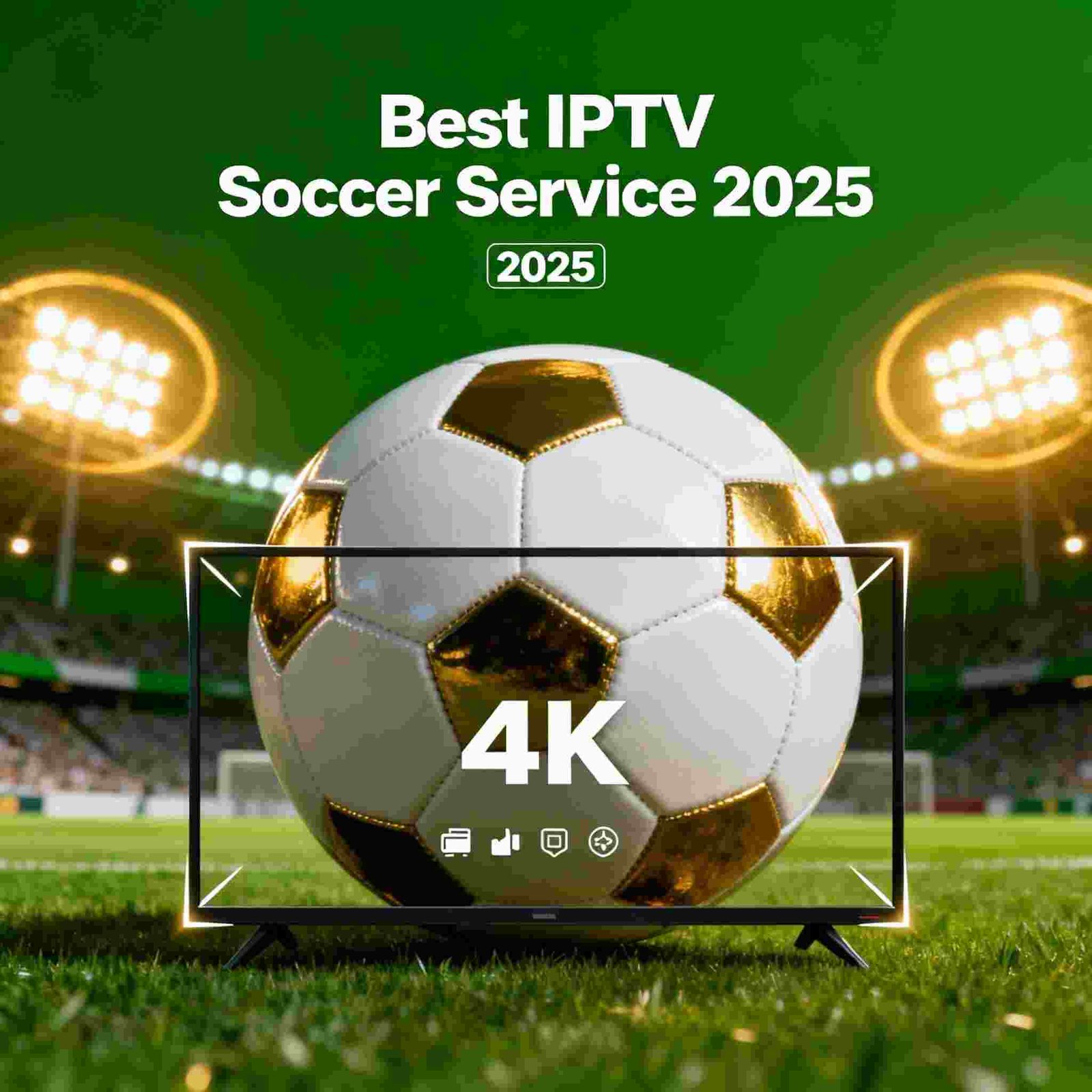 Best IPTV soccer service 2025 featuring 4K streaming quality with soccer ball on stadium field and TV screen overlay