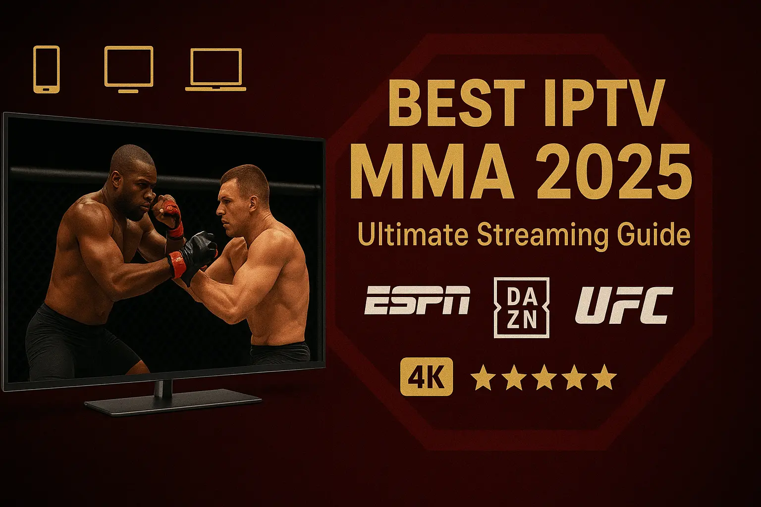 Best IPTV MMA services 2025 streaming guide showing two MMA fighters on smart TV with ESPN, DAZN, UFC logos and 4K quality rating