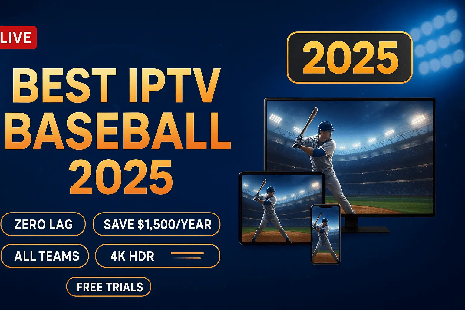 Best IPTV Baseball 2025 promotional image showing a baseball player at bat in a stadium under lights, displayed across multiple devices including TV, tablet, and smartphone, with live streaming indicator and feature badges highlighting zero lag, $1,500 yearly savings, all teams coverage, 4K HDR quality, and free trials available