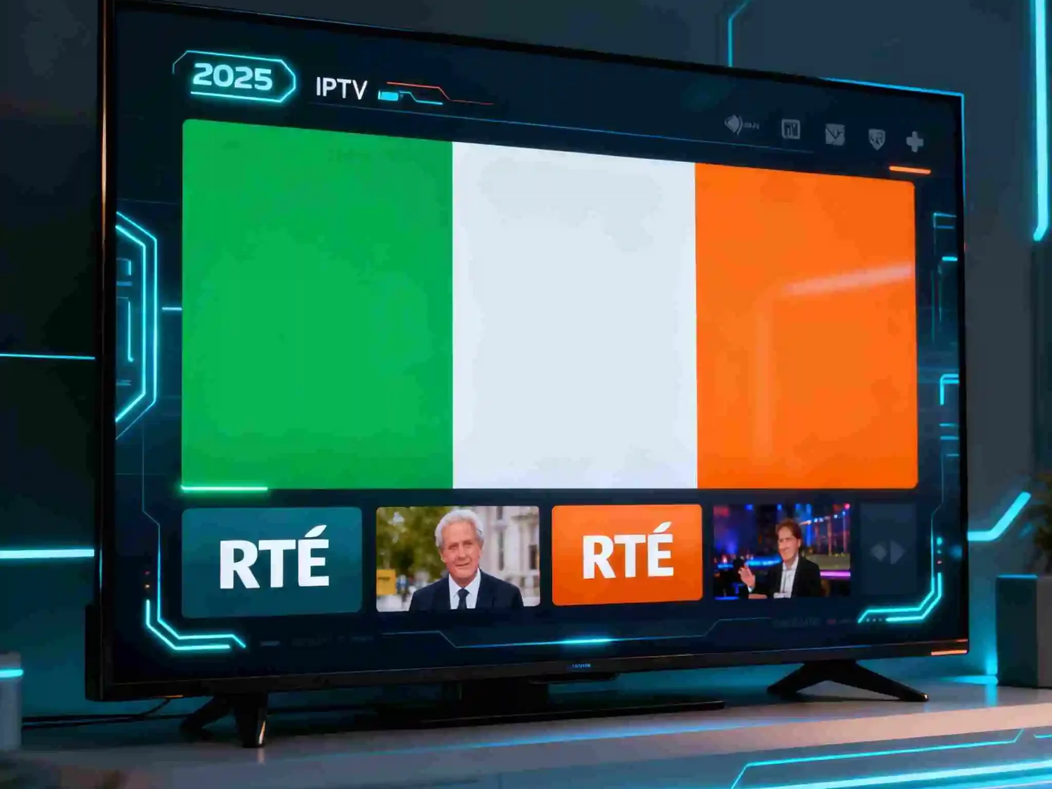 Best IPTV Ireland channels 2025 showing RTÉ streaming on smart TV with Irish flag and modern interface