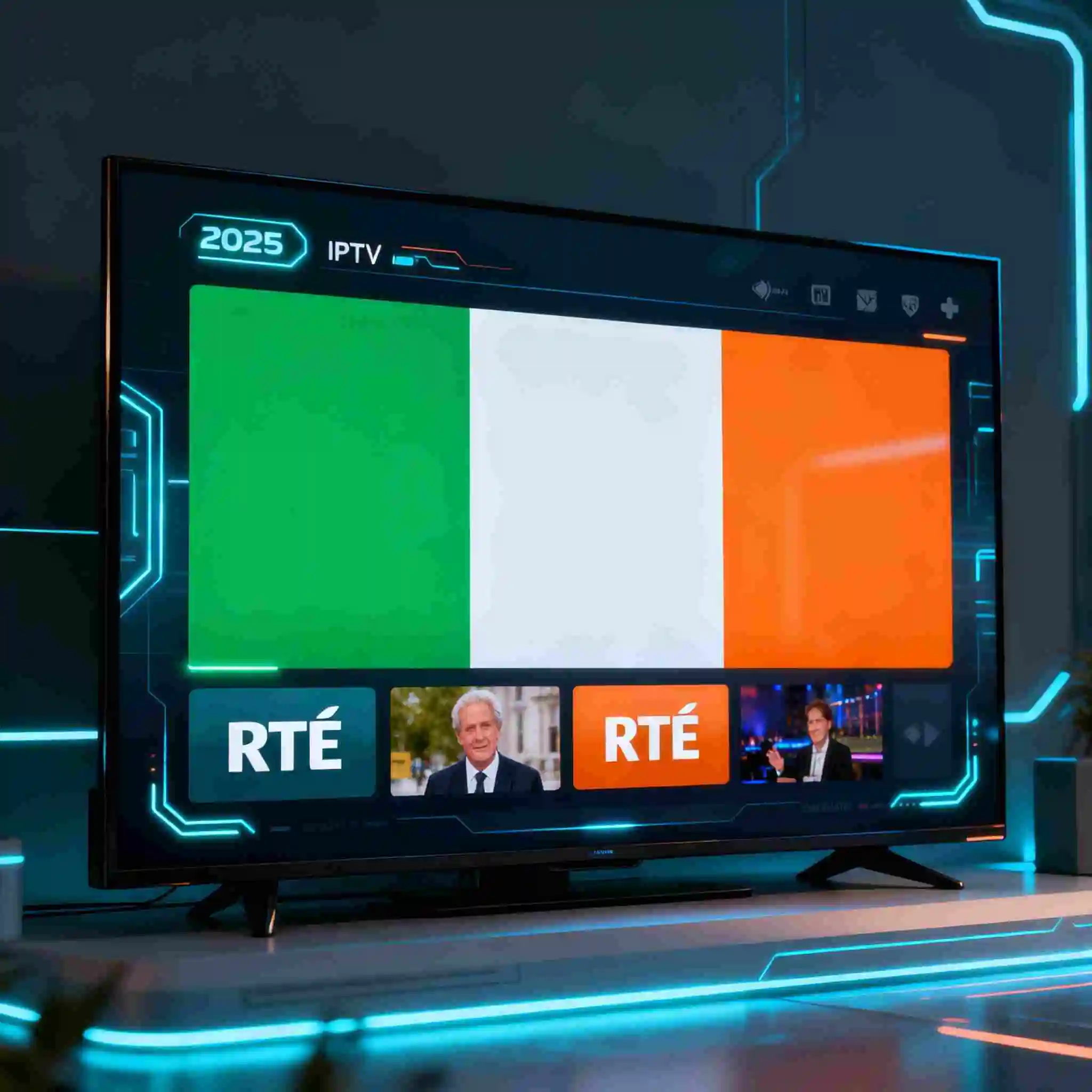 Best IPTV Ireland channels 2025 showing RTÉ streaming on smart TV with Irish flag and modern interface