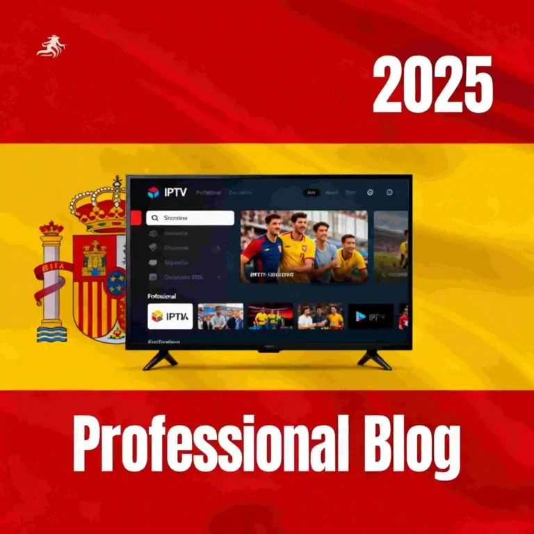 Modern IPTV Spanish channels streaming interface displaying Spanish flag colors with multiple TV screens and 2025 text for Spanish channels service blog header