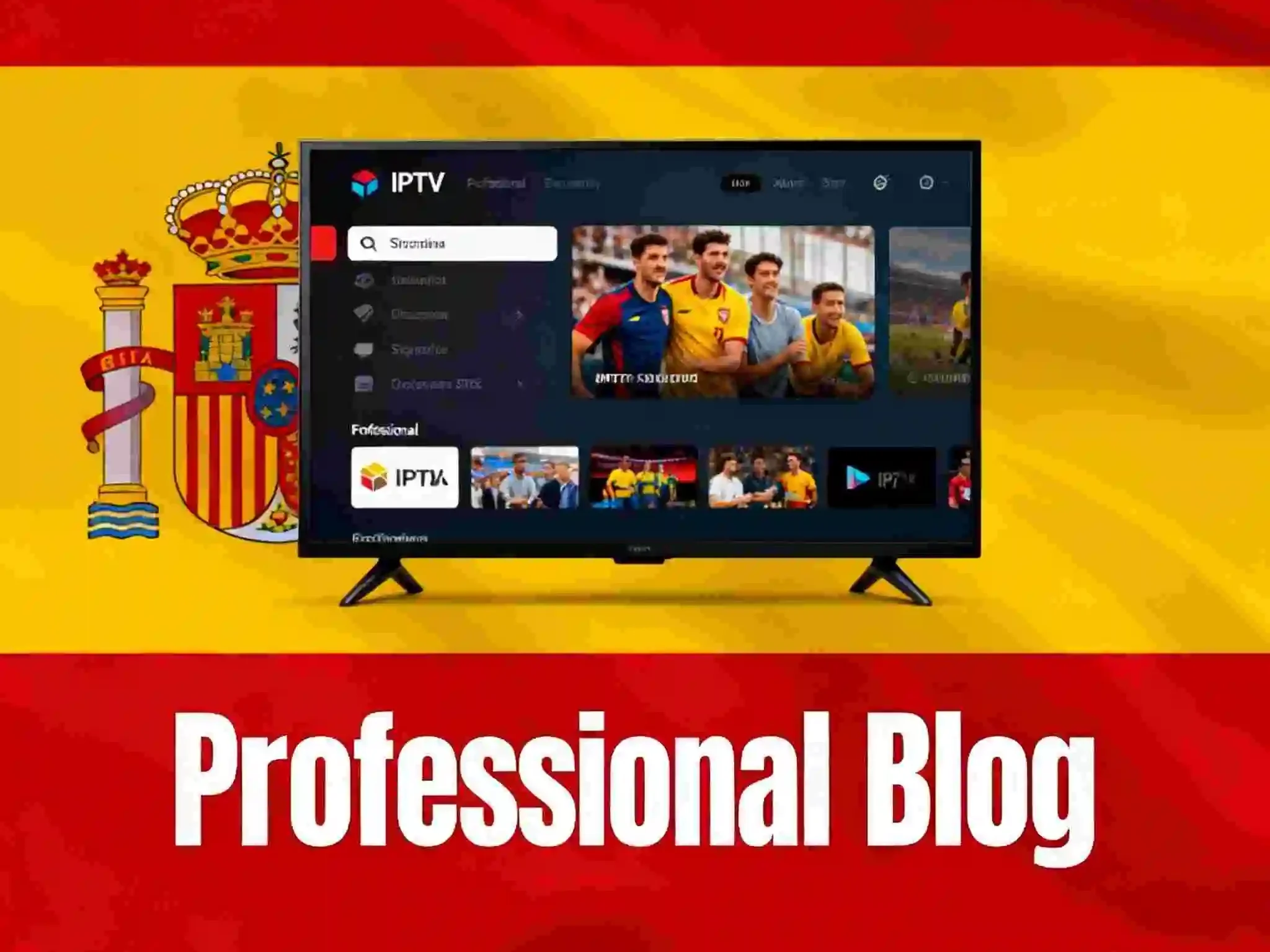 Modern IPTV Spanish channels streaming interface displaying Spanish flag colors with multiple TV screens and 2025 text for Spanish channels service blog header