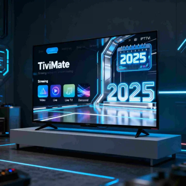 Futuristic living room with a large smart TV screen displaying the Best IPTV for TiviMate interface and prominent "2025" graphics in neon blue