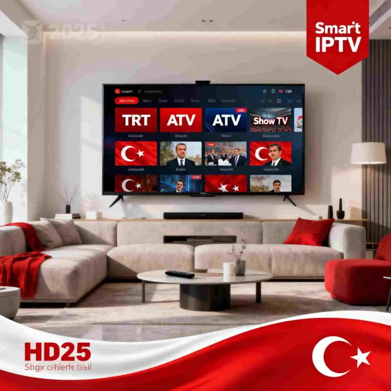 Best Turkish IPTV service 2025 showing HD streaming on smart TV with Turkish channels TRT ATV Show TV in modern living room
