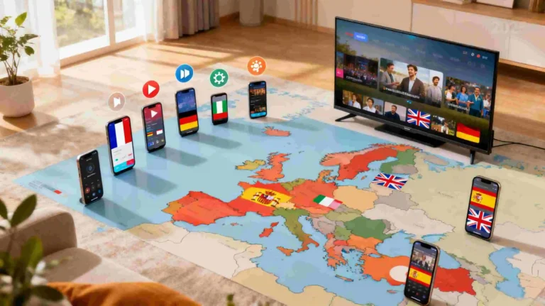 Best IPTV Europe 2025 streaming setup showing smart TV, mobile devices, European map and country flags