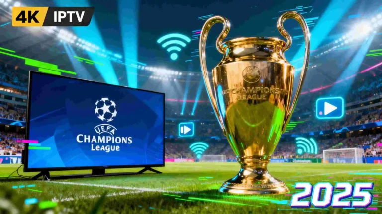 Best IPTV Champions League streaming service 2025 with 4K quality display and trophy on stadium background
