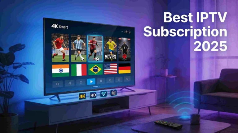 Best IPTV subscription 2025 showing modern 4K smart TV with IPTV interface displaying live channels, sports, movies, and international content options