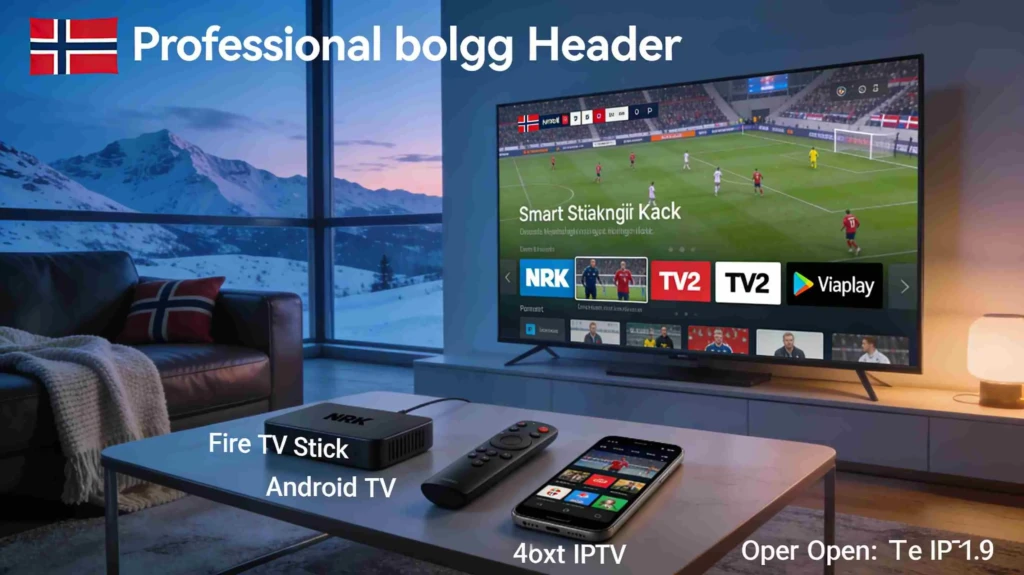Modern Norwegian living room with a Smart TV streaming live football via IPTV, with a program guide overlay and multiple streaming devices on a coffee table. (see the generated image above)
