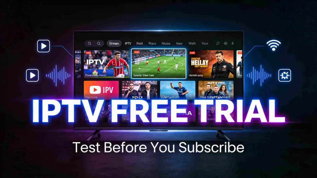 IPTV free trial promotional banner with smart TV displaying streaming channels and test before subscribe message