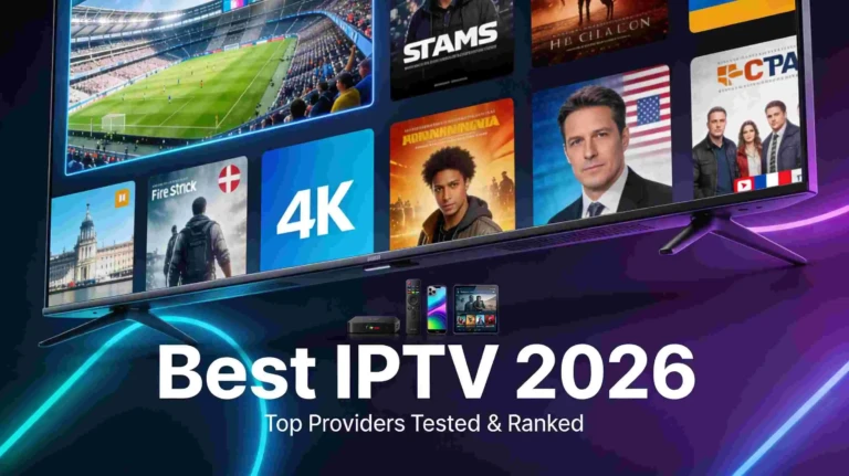 Best IPTV 2026 - Top IPTV providers tested and ranked showing smart TV streaming 4K channels