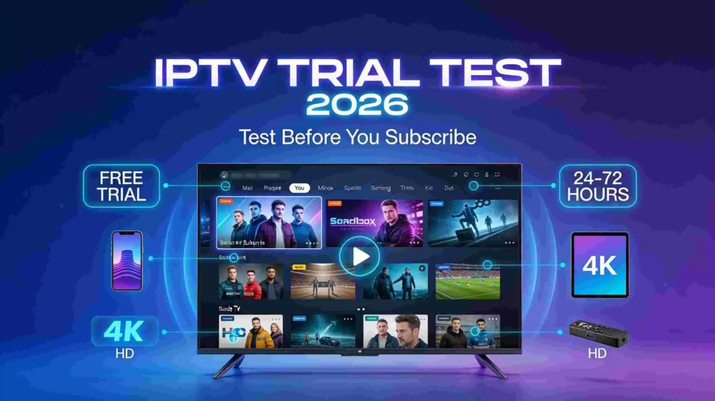 IPTV trial test 2026 featured image showing modern smart TV with streaming interface, free trial indicators, and connected devices for testing IPTV services