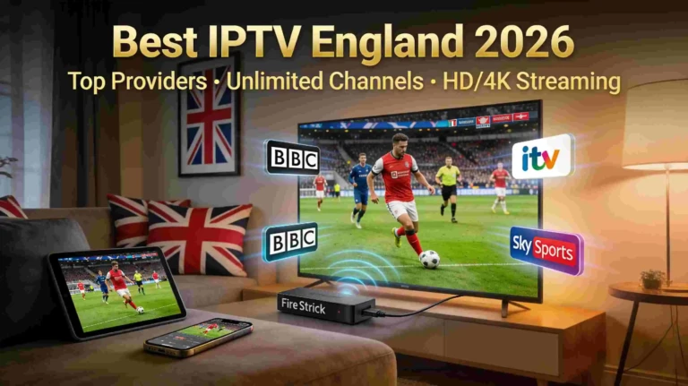 Best IPTV England 2026 showing modern living room with 4K TV streaming Premier League football, Firestick device, and multiple devices including smartphone and tablet displaying UK channels like BBC, ITV, and Sky Sports
