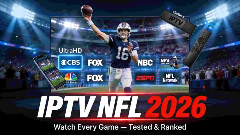 IPTV NFL 2026 channel guide infographic showing CBS, FOX, ESPN, RedZone and savings vs cable