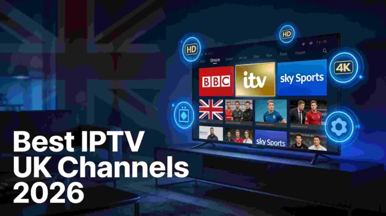 Best IPTV UK channels 2026 displayed on a modern 4K smart TV with HD streaming interface