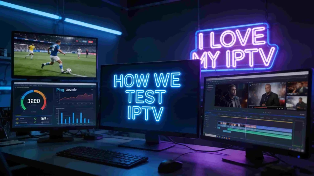 Multi-screen IPTV testing setup showing live channels, streaming analytics, and I Love My IPTV branding for how we test IPTV services in 2026.” (see the generated image above)