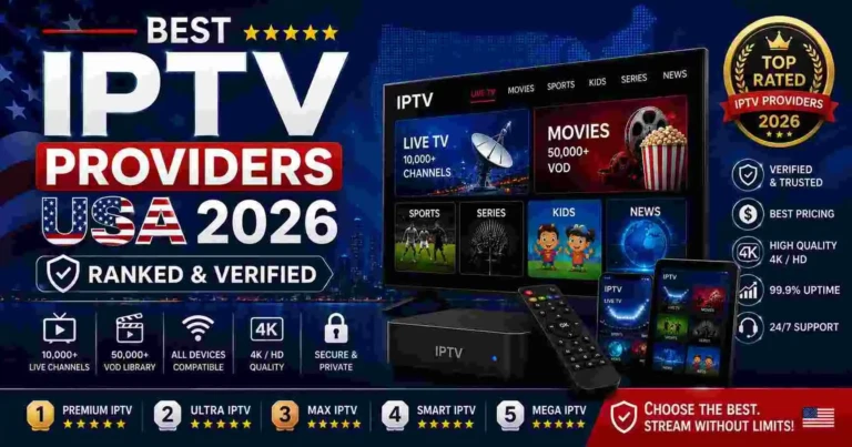 Best IPTV Providers USA 2026 promotional banner showing ranked and verified IPTV services with smart TV streaming dashboard, IPTV box, mobile devices, live TV channels, movies, sports, and 4K streaming features on a USA-themed background.