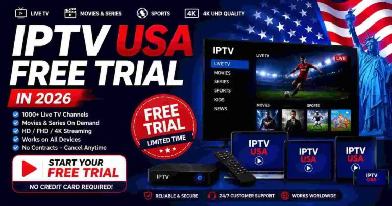 Modern IPTV USA Free Trial 2026 promotional banner showing a smart TV streaming live channels with glowing USA-themed neon graphics, premium entertainment interface, and bold futuristic typography for IPTV streaming services.