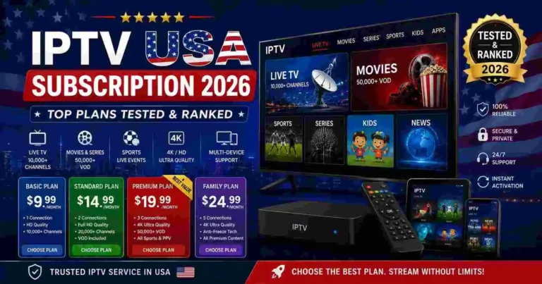IPTV USA Subscription 2026 banner featuring top IPTV plans tested and ranked with smart TV streaming interface, IPTV box, remote control, pricing plans, and USA-themed background for live TV, sports, movies, and 4K streaming.