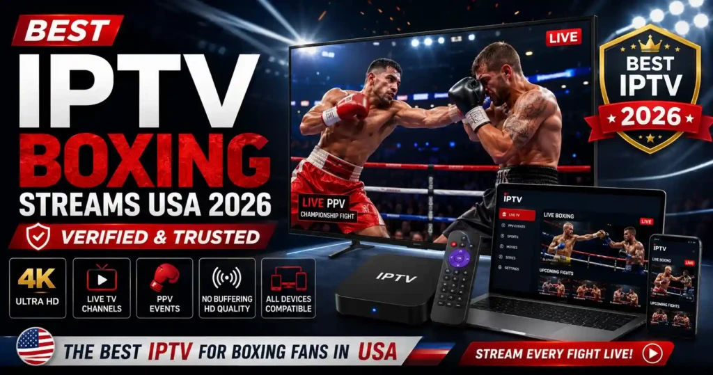 Best IPTV Boxing Streams USA 2026 banner featuring a live championship boxing match streamed on Smart TV, laptop, smartphone, and IPTV box, highlighting 4K quality, PPV events, live TV channels, and verified IPTV service for boxing fans.