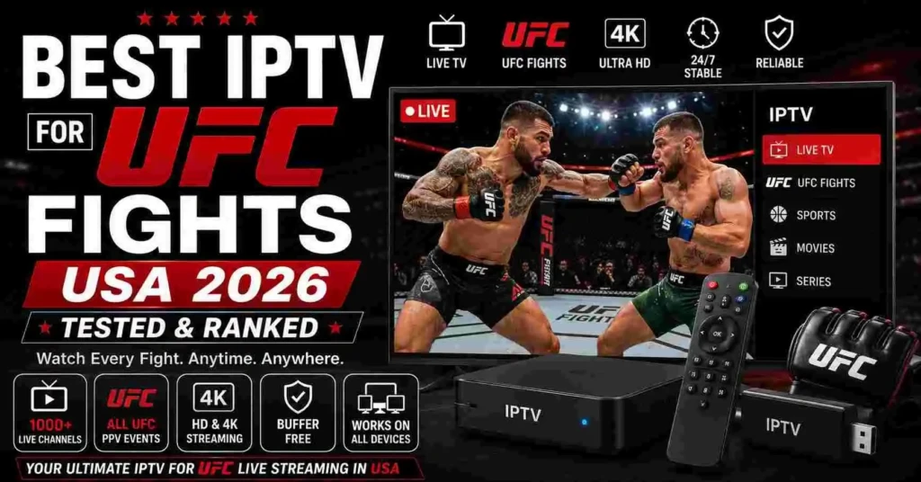 Best IPTV for UFC Fights USA 2026 image showing live UFC streaming on Smart TV and IPTV devices with HD and 4K fight channels, MMA arena visuals, and buffer-free sports streaming.