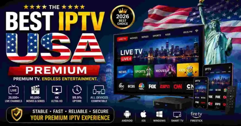 Best IPTV USA Premium service illustration featuring a modern smart TV streaming live channels, sports, movies, and 4K entertainment with a fast, reliable IPTV connection in the United States.