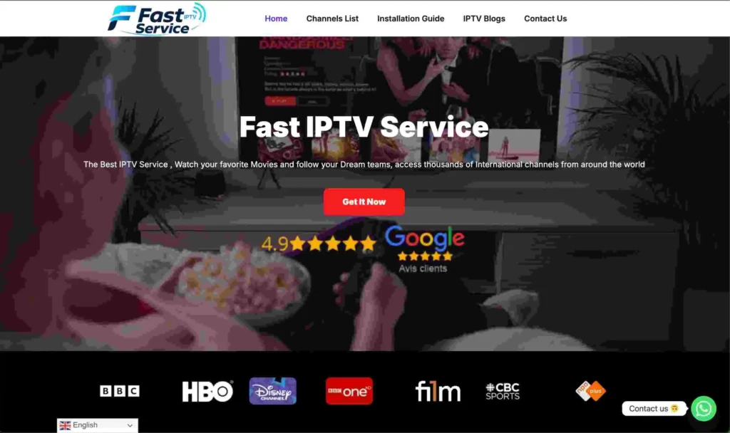 Fast IPTV Service homepage banner featuring a modern smart TV streaming setup with IPTV entertainment content, a user holding a remote control, premium channel logos, and bold text promoting international IPTV streaming services.