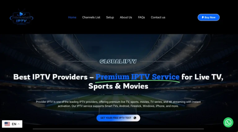 ProviderIPTV.shop homepage showing “Best IPTV Providers” hero banner with live TV, sports, movies, and 4K streaming claims.